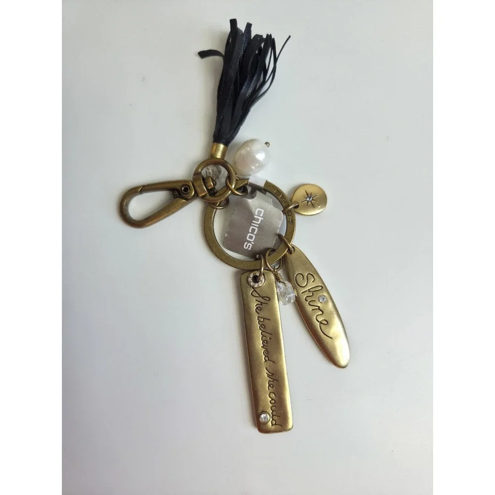 Chico's Keychain Shine She Believed‎ Tassel Charm Gold Tone Inspirational Quote